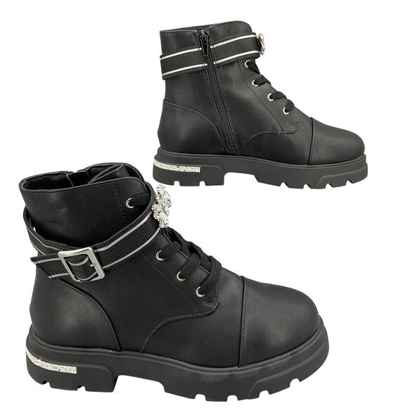 NEW Jessica Simpson Girls Rosa Brooch Embellished Ankle Boots Black Size 4 - Picture 1 of 10